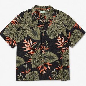Caribbean Mens XL Silk Tropical Monstera Floral Camp Shirt Black Green Coral